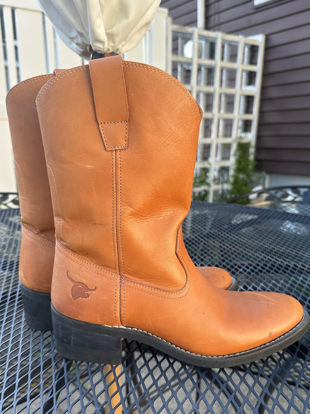 Texas Steer Tan Vintage Leather Cowboy Boots Size 8.5 D Classic Western Campus
